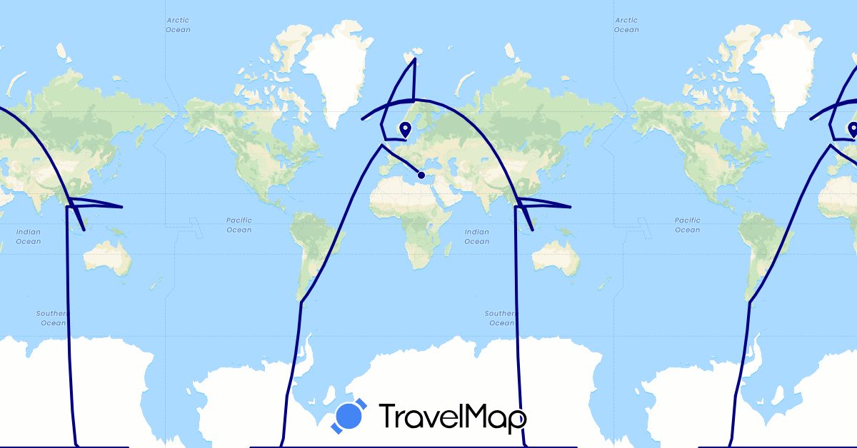 TravelMap itinerary: driving in Chile, Denmark, Faroe Islands, France, United Kingdom, Greece, Indonesia, Ireland, Iceland, Cambodia, Laos, Norway, Thailand, United States, Vietnam (Asia, Europe, North America, South America)